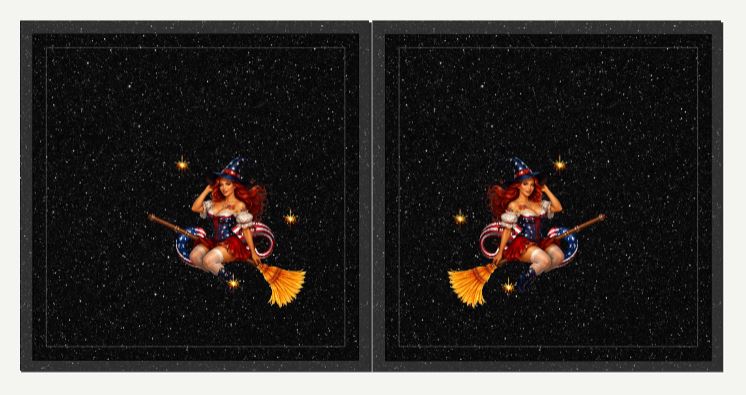 Double sided patriotic witch pillow design with celestial star background and vintage pinup witch artwork