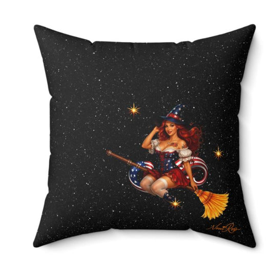 Patriotic witch throw pillow 18x18 featuring red haired pinup witch on broom with starry night background