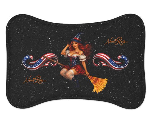 Patriotic pet feeding mat bone shape 19x14 with pinup witch design and American flag ribbon on black starry background