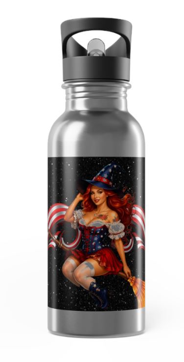 Patriotic witch pinup 20oz stainless steel thermos front view with starry background design