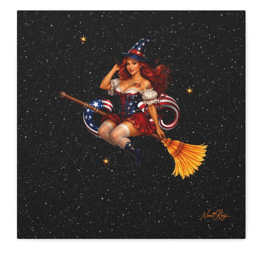 Patriotic witch canvas wall art 20x20 featuring red haired pinup witch flying on broom with starry night background