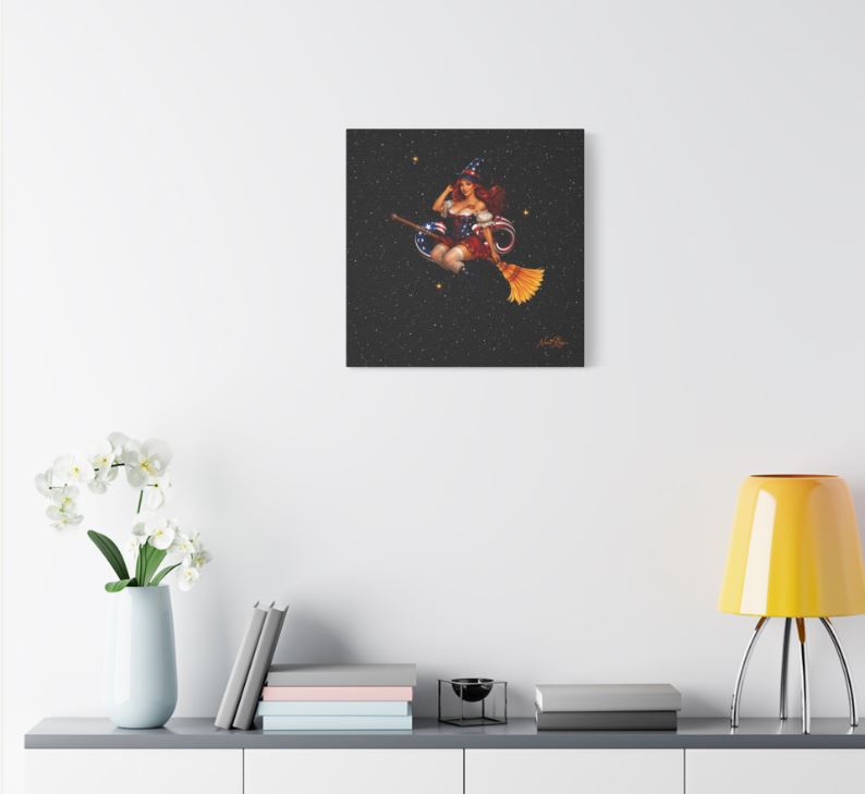 Patriotic witch canvas displayed in modern home decor setting with starry sky background and vintage pinup style art