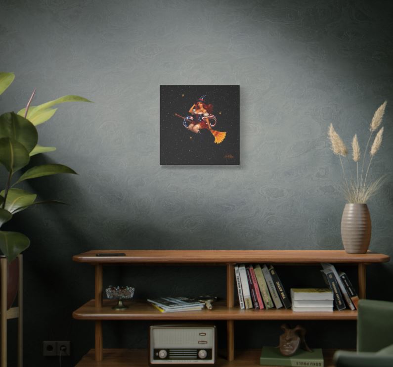 Fantasy witch canvas artwork in cozy interior setting featuring magical pinup witch and sparkling star background