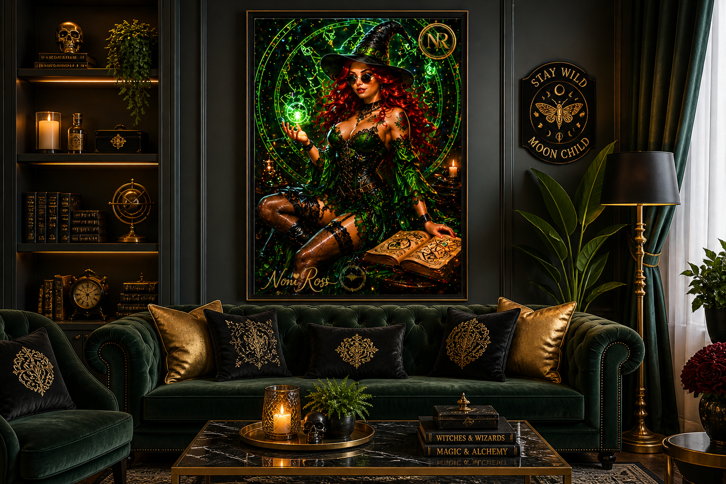 Emerald witch fantasy poster by Noni Ross mounted in a high-end garage workshop with tool cabinets, motorcycle, neon lighting, and rugged décor showcasing the vivid green magical artwork