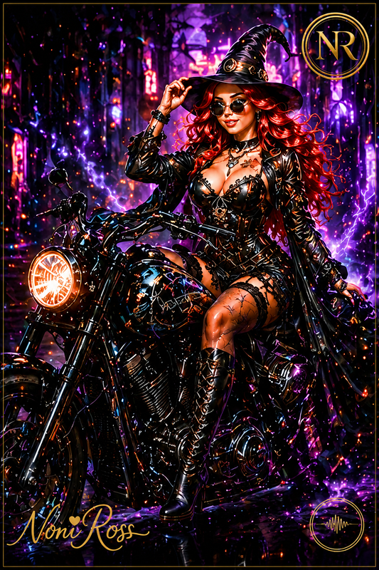 Neon Midnight Rider witch artwork by Noni Ross featuring a red-haired sorceress in a black gothic outfit riding a motorcycle with glowing purple lightning, gold NR emblem, signature, frequency symbol, and star-framed border