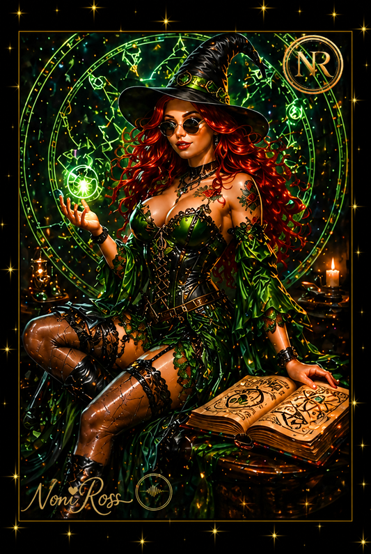 Green Spellcaster witch artwork by Noni Ross featuring a red-haired sorceress in emerald gothic attire holding a glowing magical orb with arcane circle symbols, gold NR emblem and signature on a star-framed design