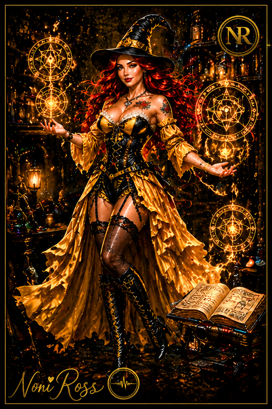 Golden Arcane Spellcaster witch artwork by Noni Ross featuring a red-haired sorceress in black and gold gothic attire casting glowing magic sigils, with open spellbook, gold NR emblem, signature, and star-framed design