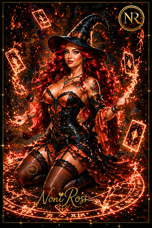Fiery Tarot Spellcaster witch artwork by Noni Ross featuring a red-haired sorceress casting blazing magic with floating tarot cards, glowing arcane circle, gold NR emblem, signature, and star-framed border