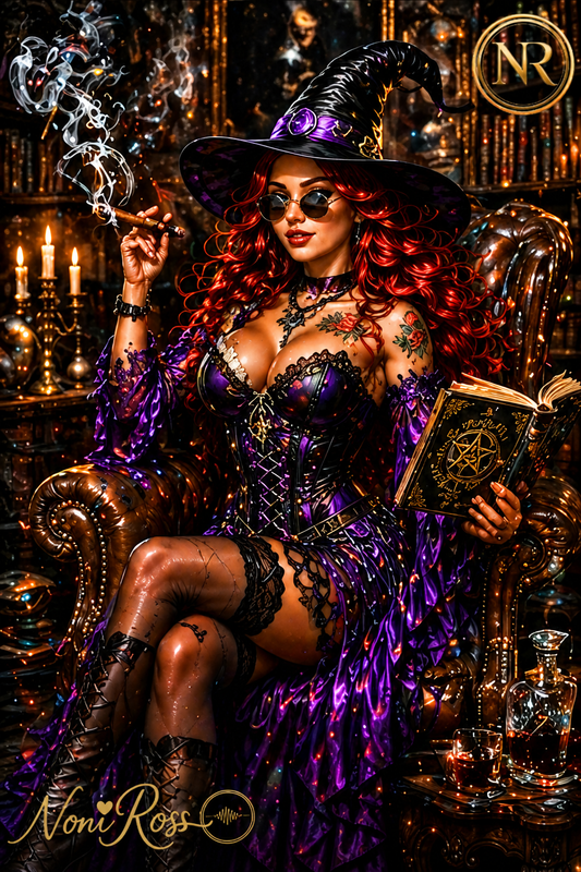 Gothic lounge spellcaster witch artwork by Noni Ross featuring a red-haired sorceress in a purple corset seated in a leather chair with a book of shadows, cigar smoke, gold NR emblem, signature, and star-framed border