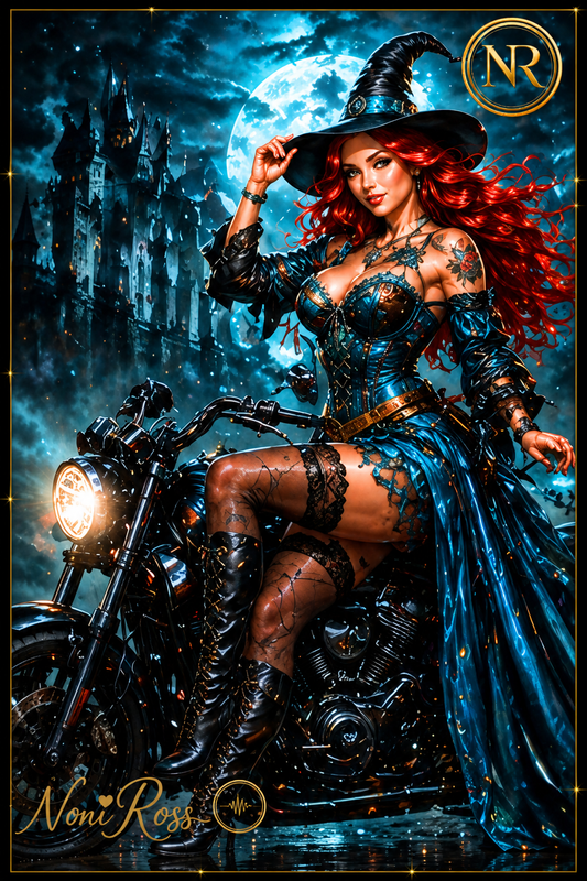 Midnight Rider Spellcaster witch artwork by Noni Ross featuring a red-haired sorceress in a blue gothic dress seated on a motorcycle under a glowing full moon with castle backdrop, gold NR emblem, signature, and star-framed border
