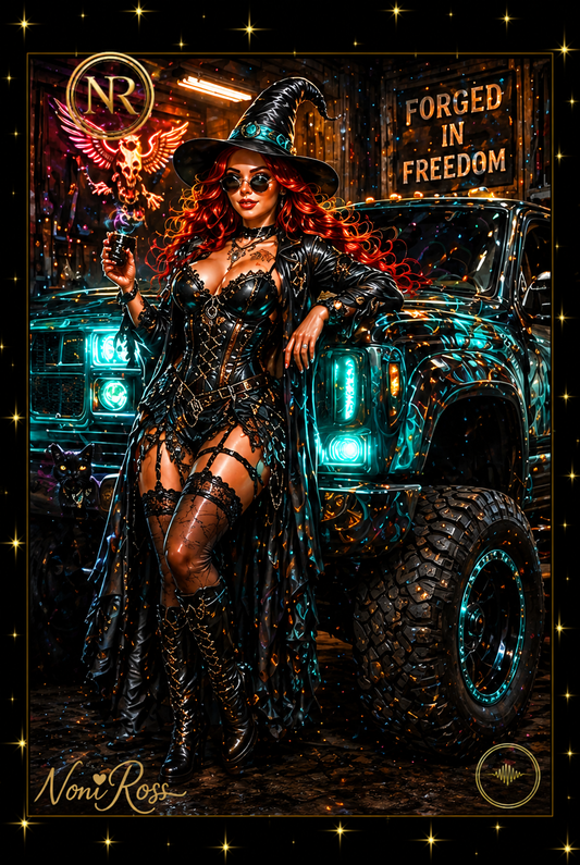 Forged in Freedom witch artwork by Noni Ross featuring a red-haired sorceress in black gothic attire leaning against a lifted truck, glowing teal headlights and neon garage lighting with gold NR emblem and signature