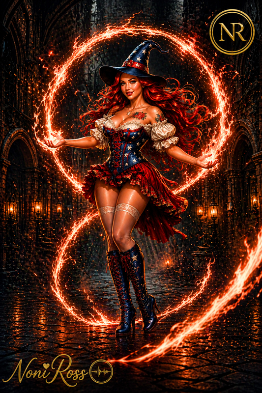 Patriotic fire spellcaster witch artwork by Noni Ross featuring a red-haired sorceress in a red, white, and blue corset with flaming magic circles, gold NR emblem, signature, and frequency symbol on a star-framed background