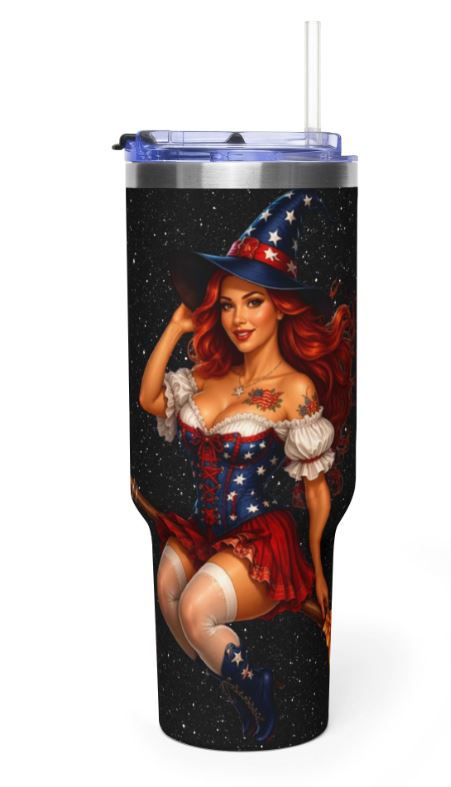 Noni independence 40oz tumbler with starry background featuring red haired witch in patriotic outfit