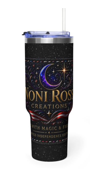 NRC Signature 40oz tumbler with celestial moon logo and starfield background by Noni Ross Creations