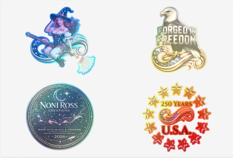 Close up of sticker pack showing detailed witch eagle and USA designs with clean die cut edges
