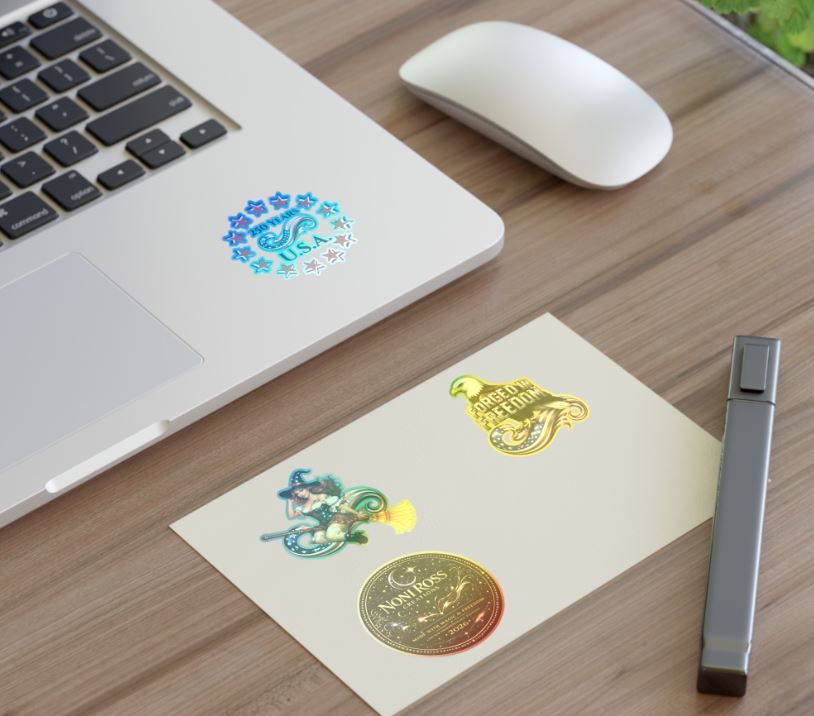 Sticker set displayed on laptop and notebook with patriotic themed artwork designs