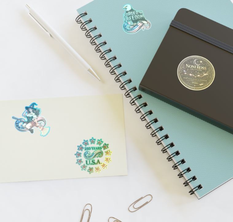 Decorative vinyl stickers applied to personal items showing bold colorful designs