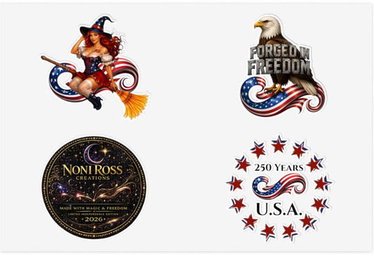 Close up of sticker pack showing detailed witch eagle and USA designs with clean die cut edges