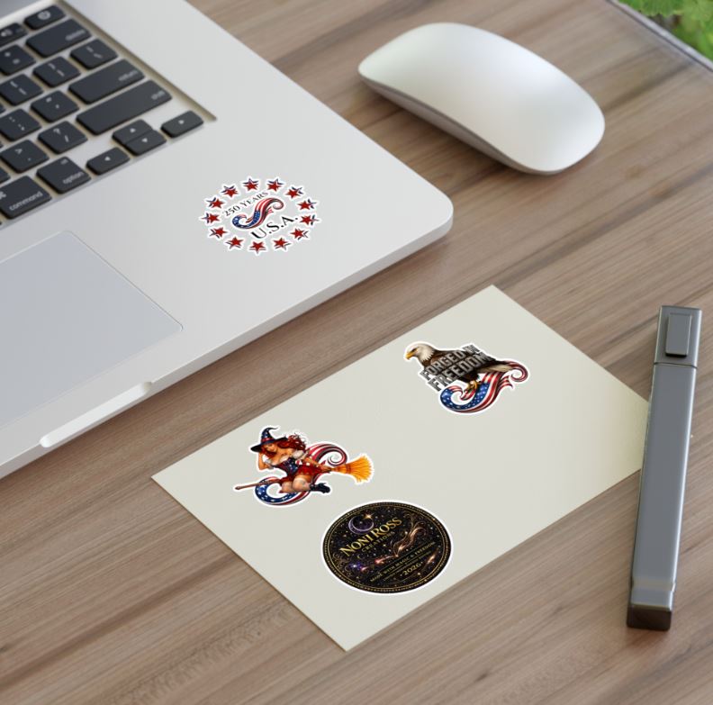 Sticker set displayed on laptop and notebook with patriotic themed artwork designs