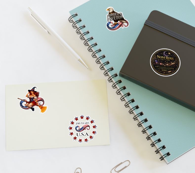 Decorative vinyl stickers applied to personal items showing bold colorful designs