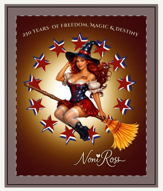 Close-up of velveteen fabric showing detailed patriotic witch design and star circle artwork