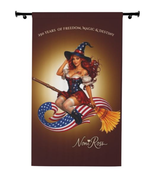 Patriotic witch blackout curtain 50x84 featuring red white blue pinup witch with broom and Americana infinity ribbon design