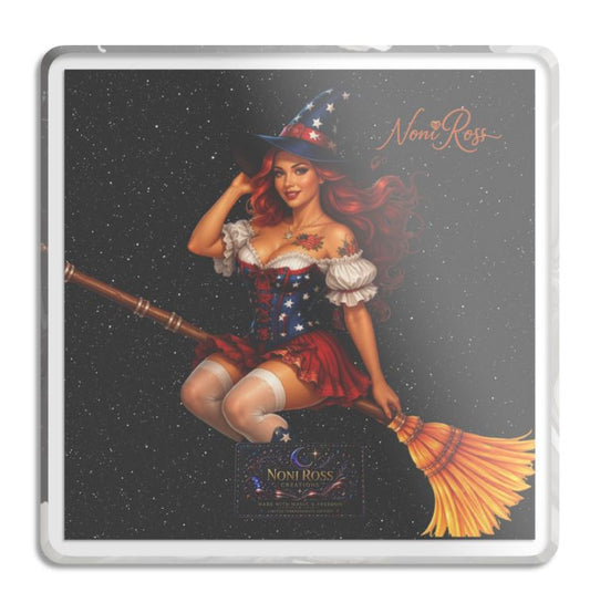 Patriotic witch pinup 5x5 acrylic art block with starry background and mirror-backed finish