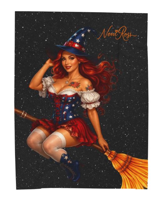 large velveteen patriotic blanket styled on bed featuring red white blue witch artwork for americana decor