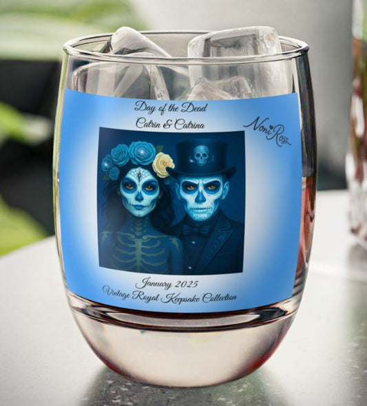 day of the dead couple whiskey glass styled on bar surface elegant 6oz drinkware mockup