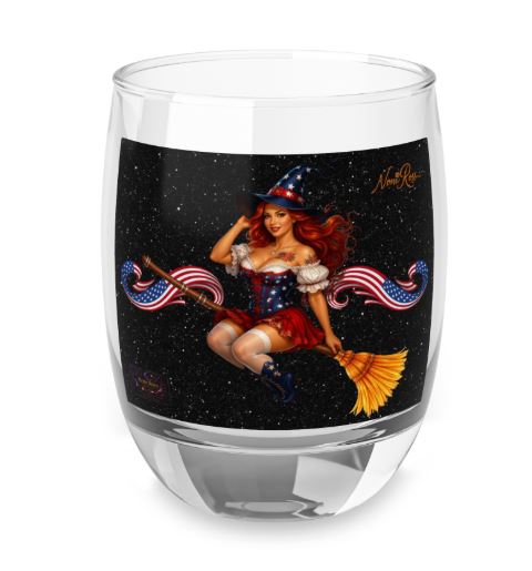 Patriotic witch 6oz wine tumbler glass with pinup design and starry night background