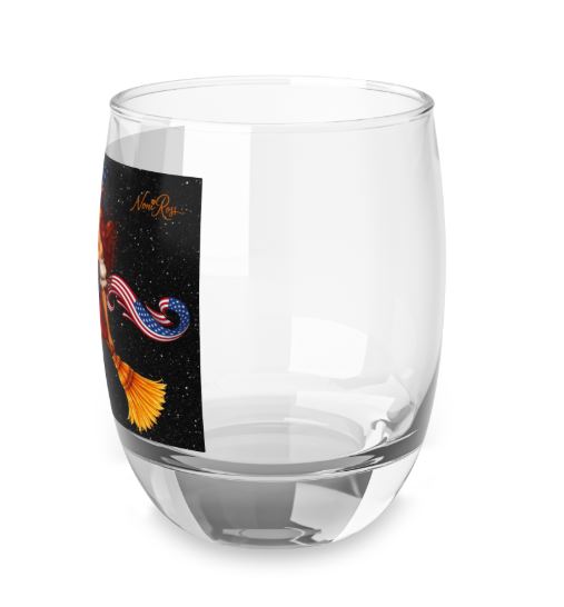 Left side angle of wine tumbler glass featuring red-haired witch artwork detail
