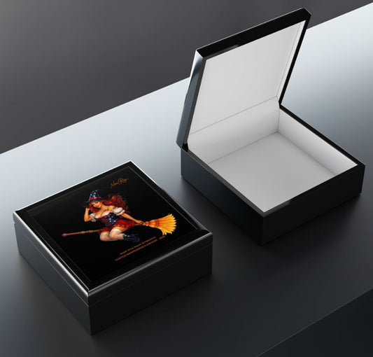 Open NRC jewelry box showing soft felt lined interior and ceramic tile lid with witch artwork