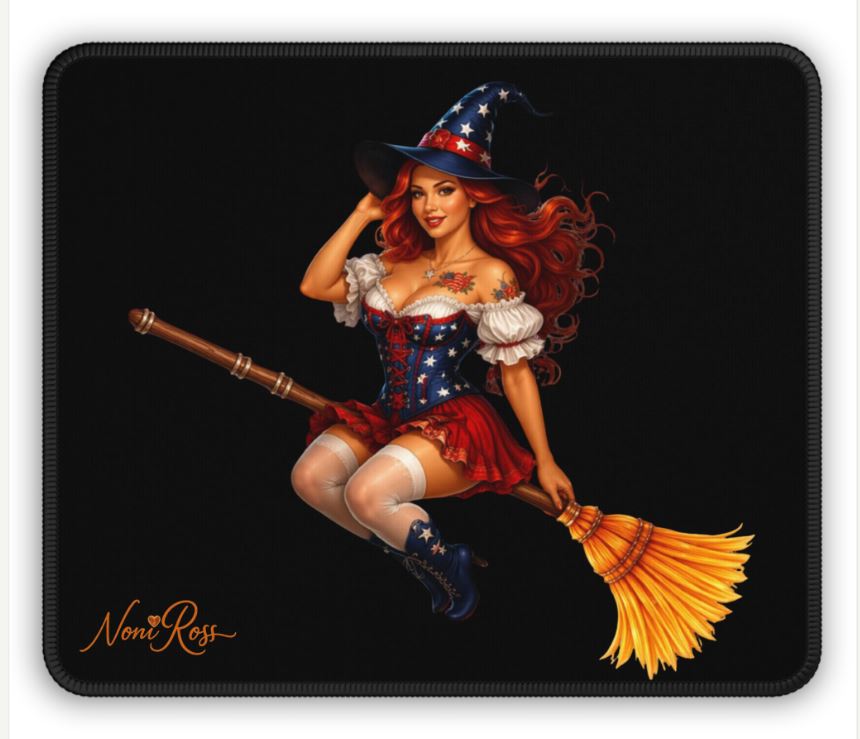 Patriotic witch mouse pad 9x7 with red haired witch artwork on dark background desk accessory