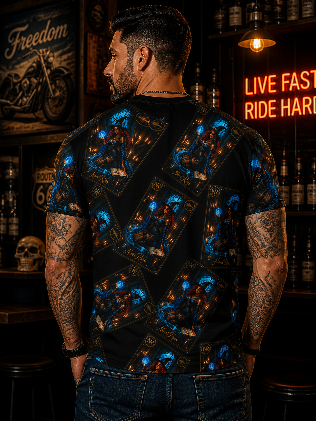 Male model back view wearing electric blue spellcaster jersey with all-over gothic witch pattern, celestial magic print shirt by Noni Ross Creations