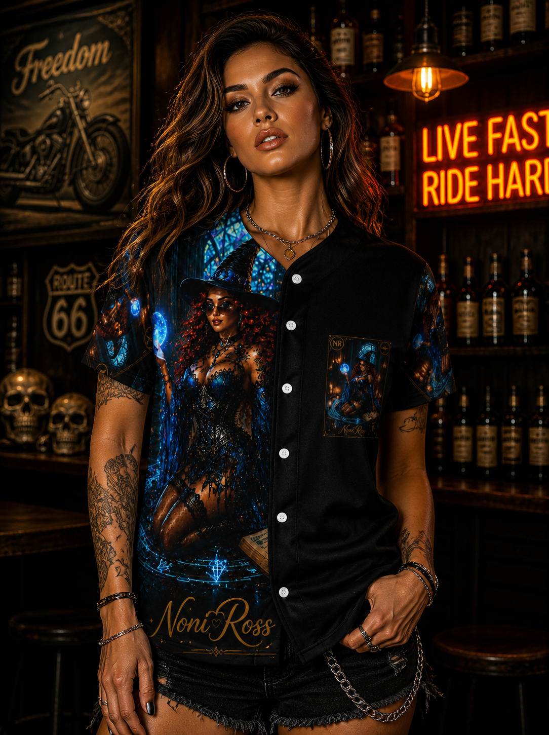 Female model wearing electric blue celestial spellcaster jersey front view, gothic witch artwork shirt with glowing orb, stylish unisex Noni Ross Creations design