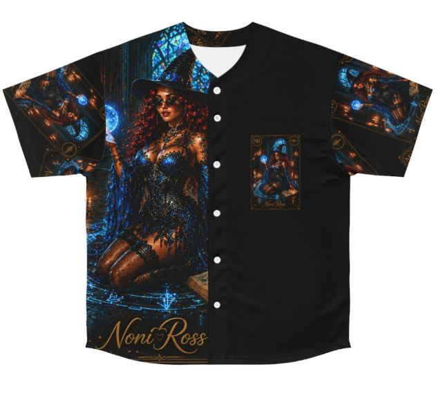 Electric blue celestial spellcaster jersey front flat lay featuring gothic witch artwork, glowing orb magic design, all-over print Noni Ross Creations shirt