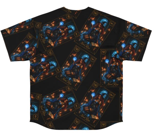 Electric blue spellcaster jersey back flat lay with repeating gothic witch pattern, celestial magic design, premium all-over print Noni Ross Creations apparel