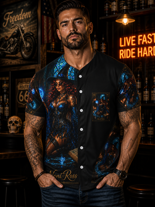 Male model wearing electric blue celestial spellcaster jersey front view, gothic witch graphic shirt with glowing orb design, unisex Noni Ross Creations apparel