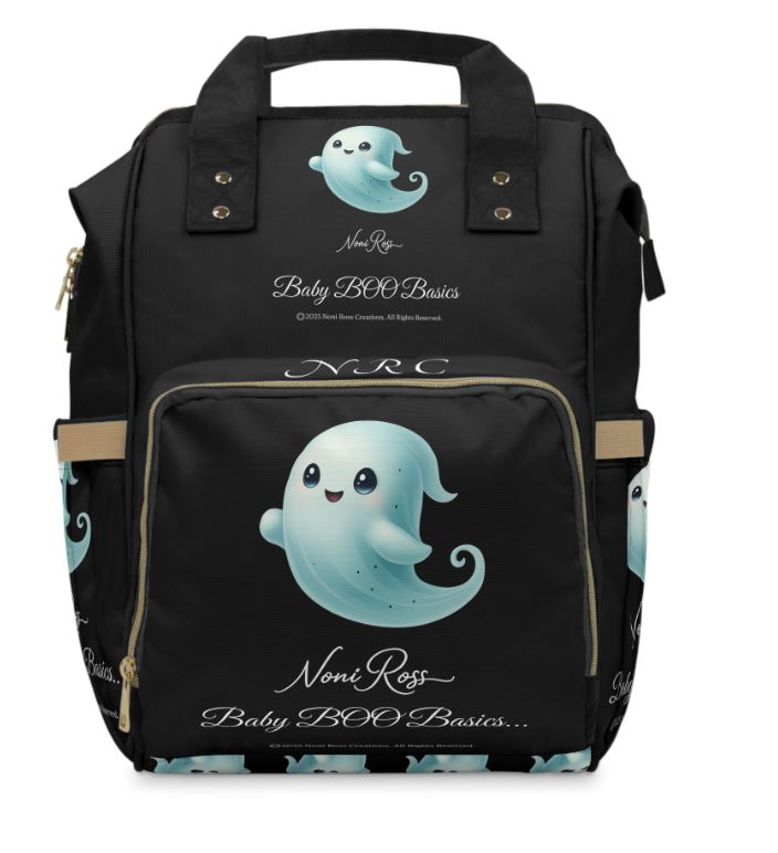 BOO Crew Baby Boo Basics diaper bag front view with cute ghost design on black fabric Noni Ross Creations