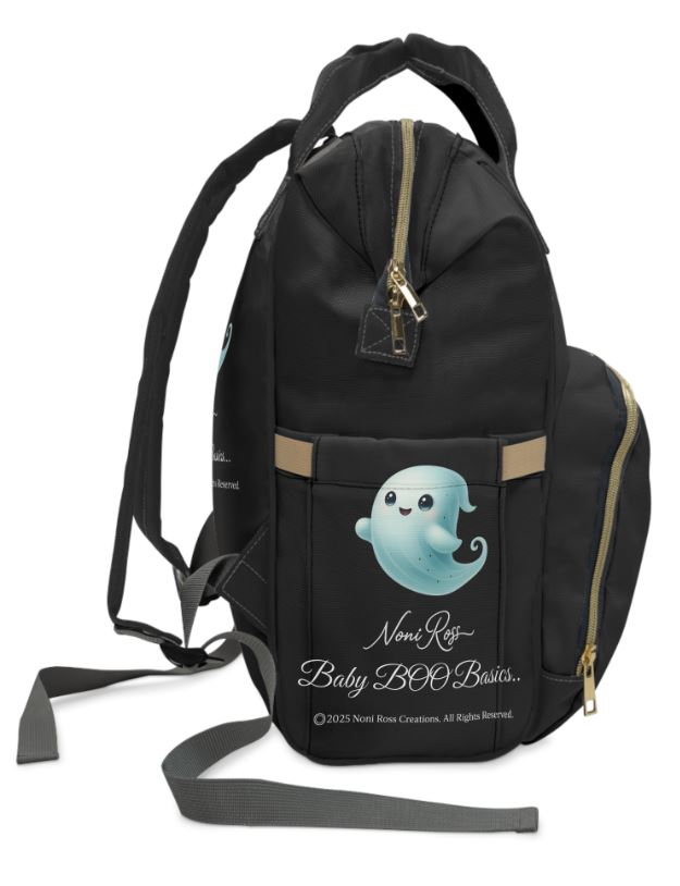 BOO Crew diaper bag left side view with storage pocket and ghost artwork Noni Ross Creations