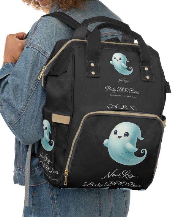 BOO Crew Baby Boo Basics diaper bag worn as backpack with cute ghost design by Noni Ross Creations