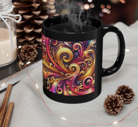 Golden Ember Resonance mug displayed on table in cozy setting with vibrant swirling design on black ceramic mug