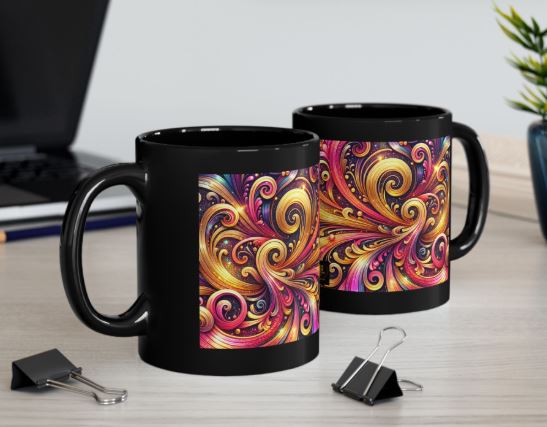 close-up of Golden Ember Resonance mug highlighting glossy finish and detailed swirling gold and red pattern