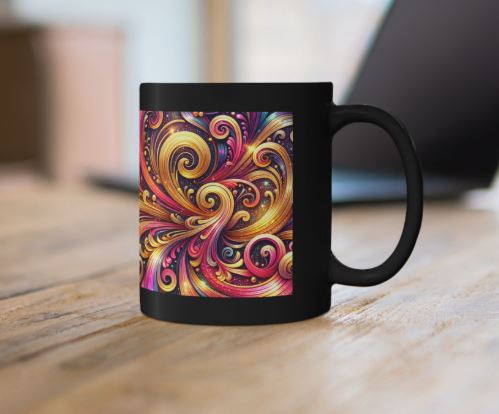 Golden Ember Resonance black mug styled as gift featuring bold colorful swirl design by Noni Ross Creations