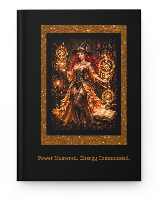 Power Mastered Energy Commanded journal featuring Noni with golden arcane symbols and black premium cover