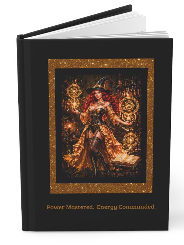 mystical gold journal styled with writing tools and ambient lighting for premium aesthetic presentation