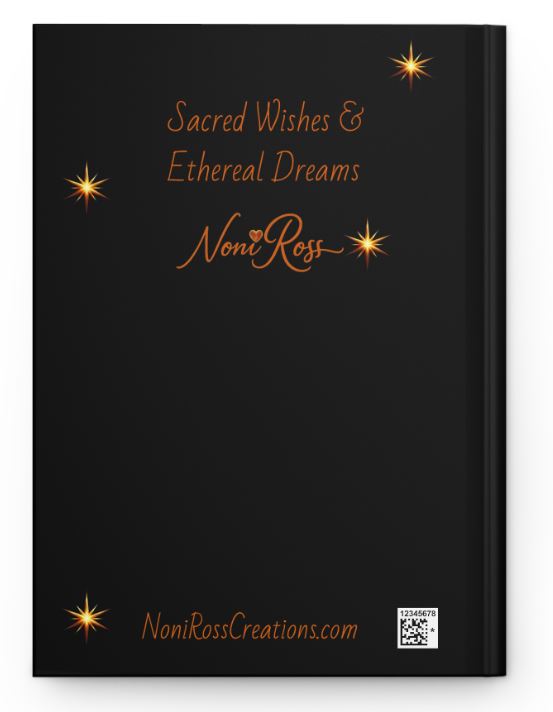 Back cover of NRC Signature Series journal with sacred wishes and ethereal dreams phrase and subtle star accents