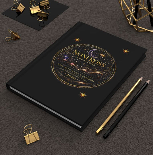 Elegant signature series journal mockup showing celestial logo notebook in modern workspace setting