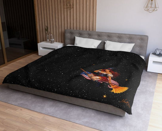 luxury king duvet cover with centered patriotic witch design on starry background in contemporary room