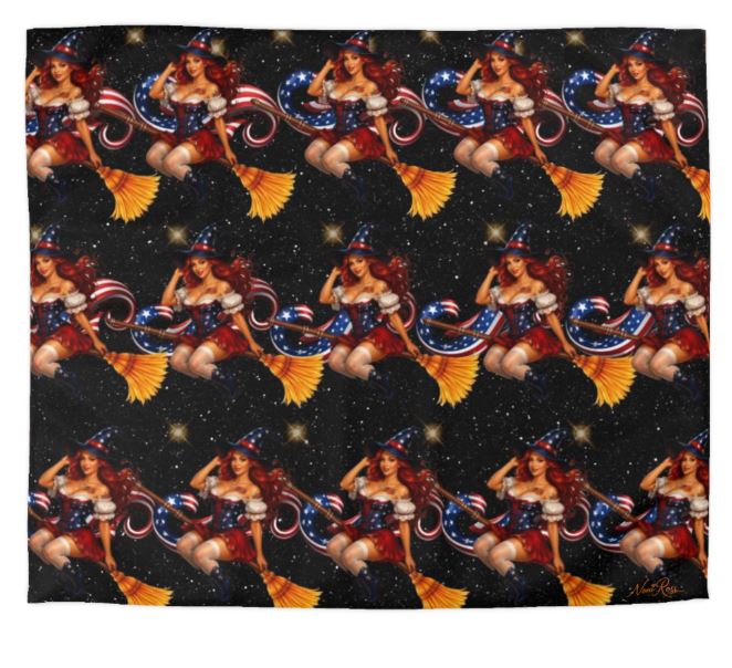 Patriotic witch pattern king duvet cover with repeating pinup design on starry background